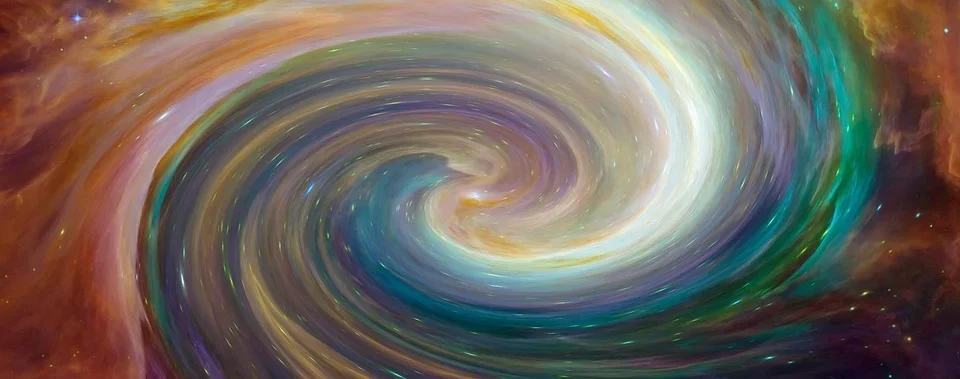 Ein lebendiger Wirbel aus bunten Wolken, der vor einem dunklen Hintergrund ein faszinierendes Spiralmuster erzeugt.