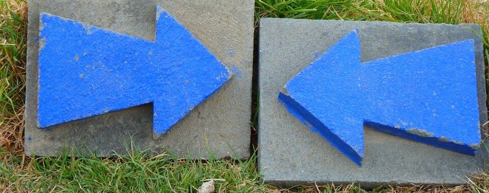 Zwei Steinfliesen mit blauen Pfeilen, einer zeigt nach rechts, der andere nach links, liegen auf dem Gras.