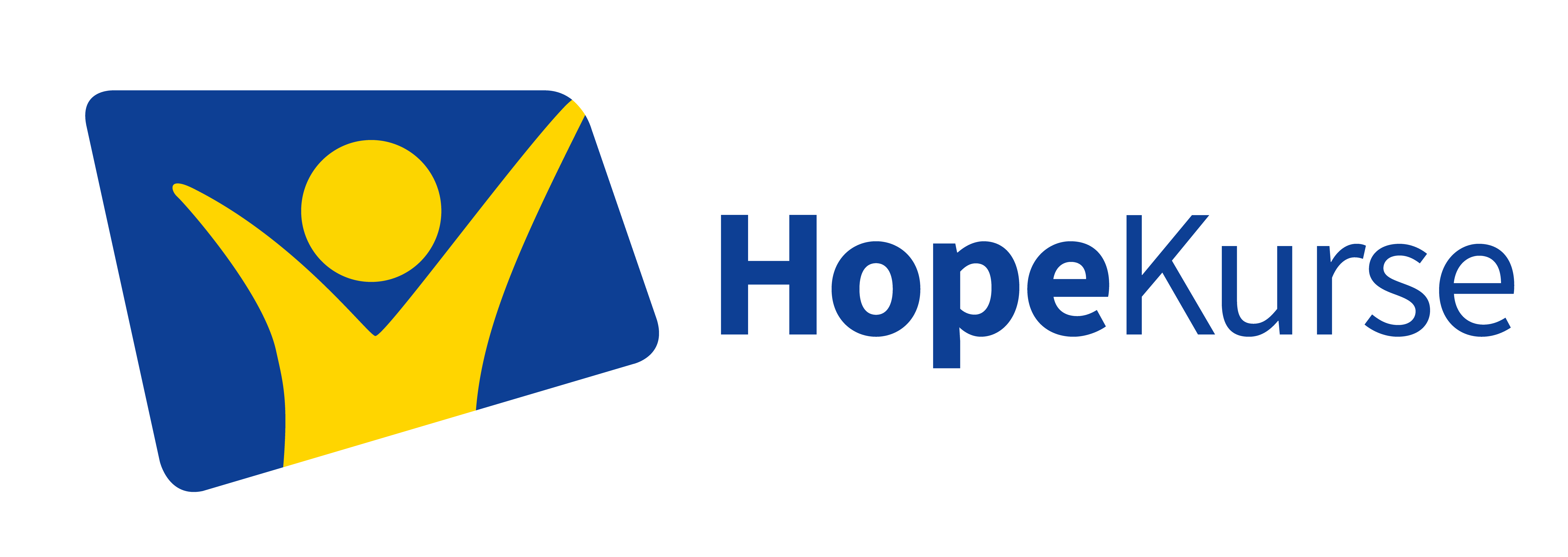 Logo mit einer gelben Figur und erhobenen Armen auf blauem Hintergrund, daneben der Text „HopeKurse“ in Blau.