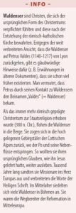 Der INFO-Abschnitt beschreibt die Waldenser, eine christliche Bewegung. Er beleuchtet ihre reiche Geschichte und ihren bedeutenden Einfluss auf religiöse Reformen und soziale Gerechtigkeit in ganz Europa und betont ihr anhaltendes Erbe in zeitgenössischen Glaubensgemeinschaften.