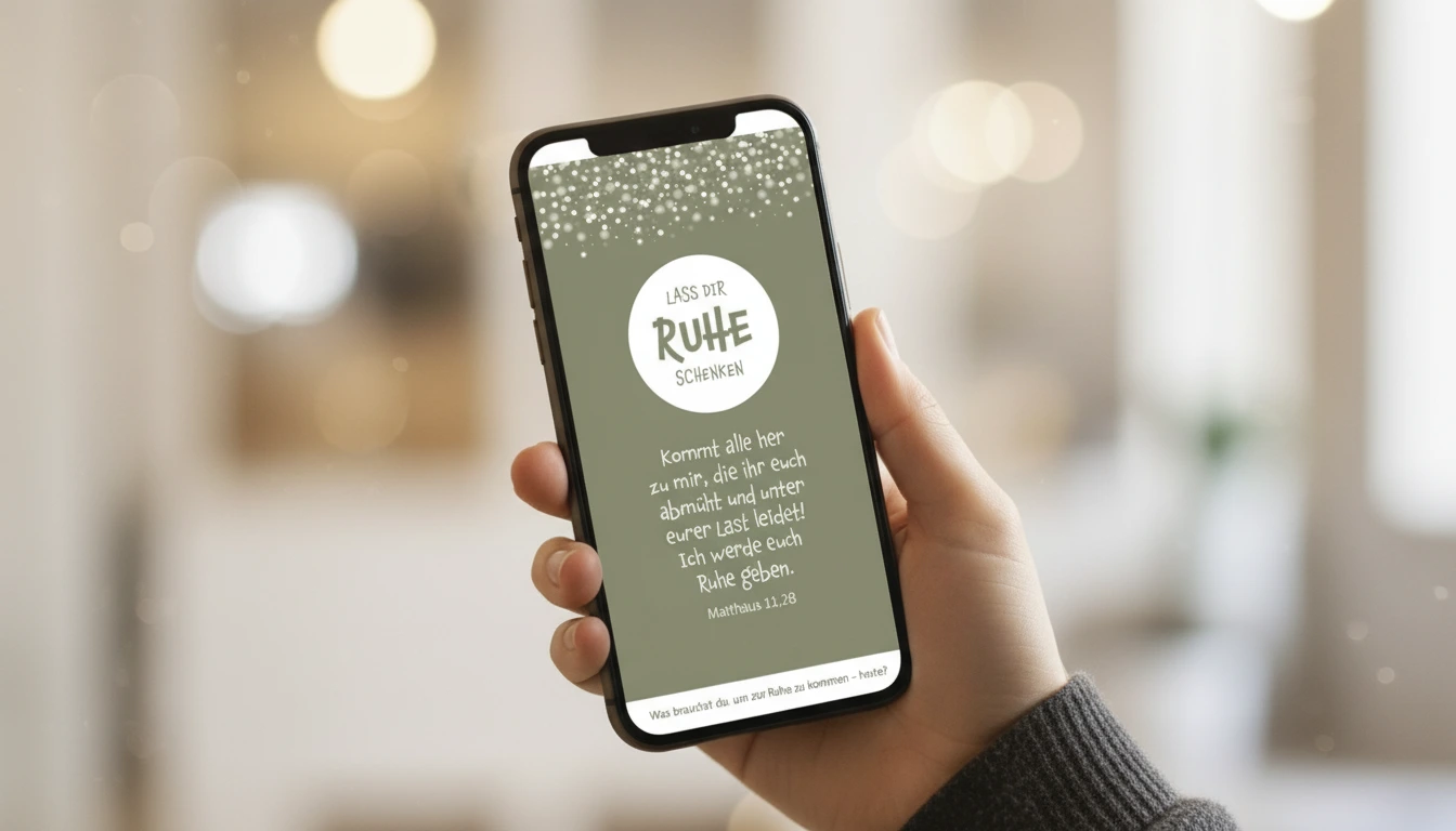 Eine Hand hält ein Telefon mit einer beruhigenden Nachricht in deutscher Sprache auf einem sanften grünen Hintergrund mit weißen Punkten.